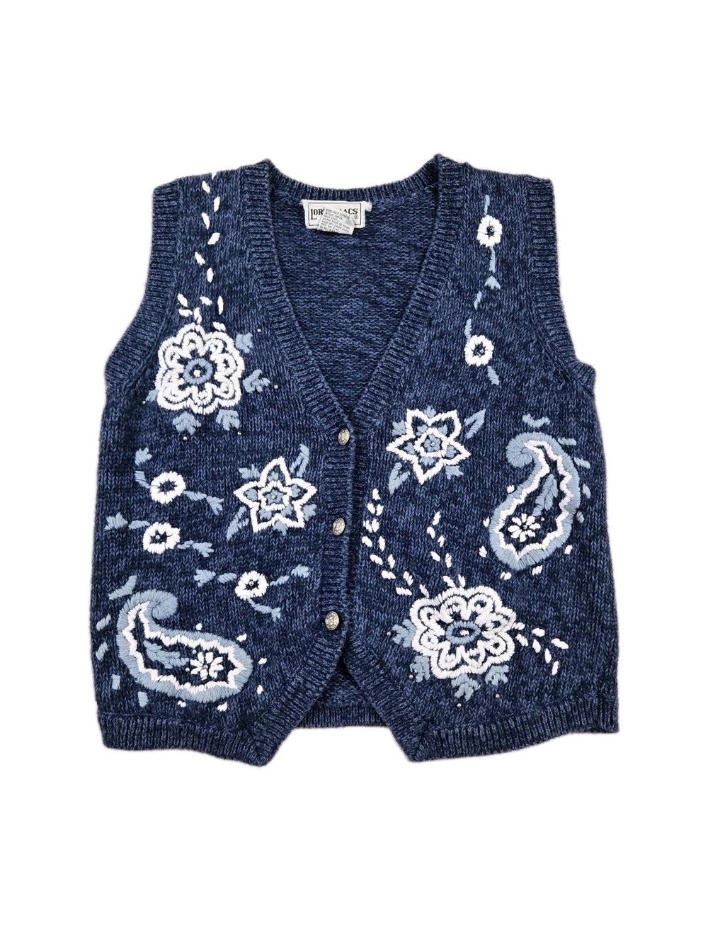 Lord Isaacs Knit Sweater Vest 3 Button Blue Embroidered Floral Paisley Sz Medium